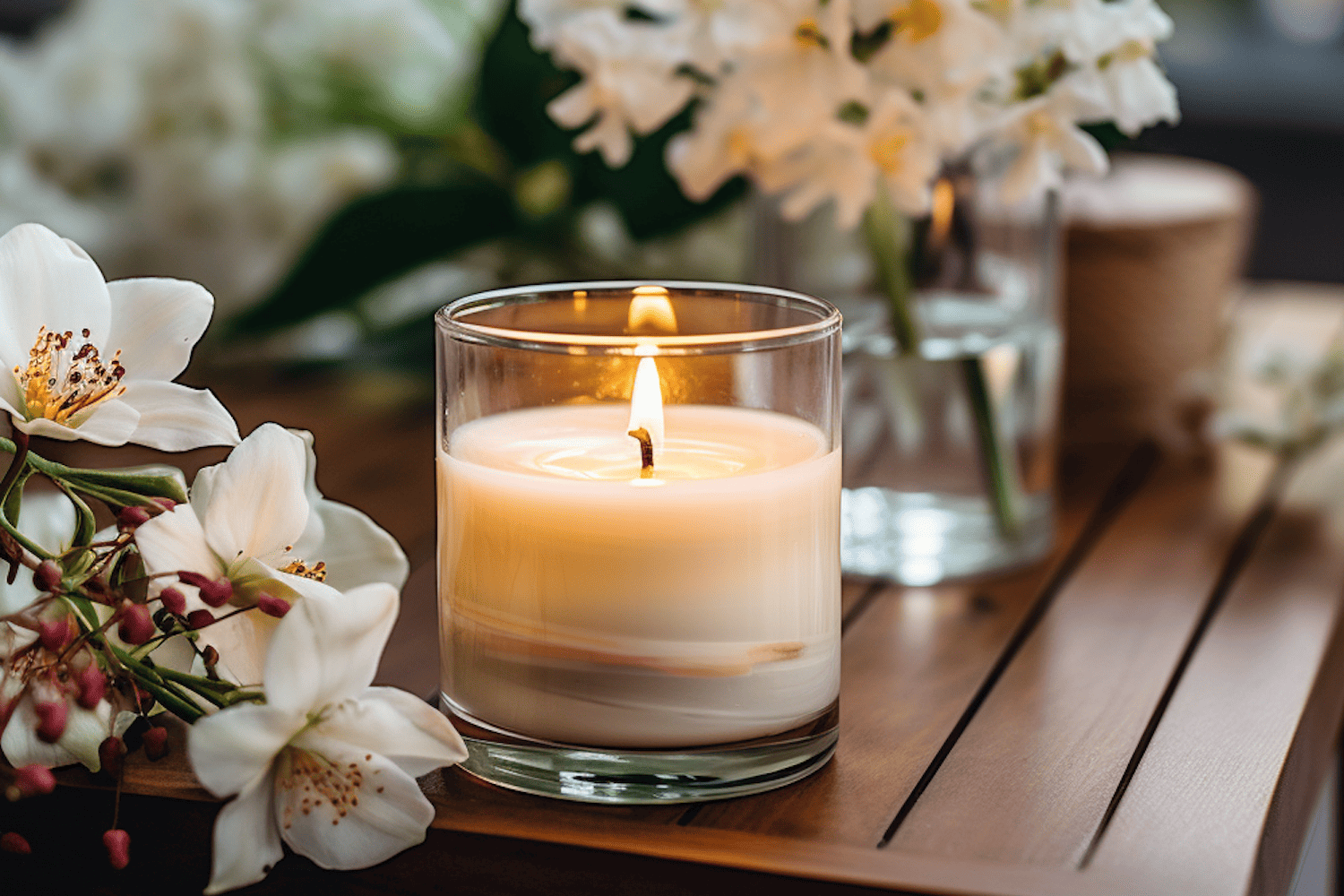 płonąca świeca sojowa na stole przy kwiatach